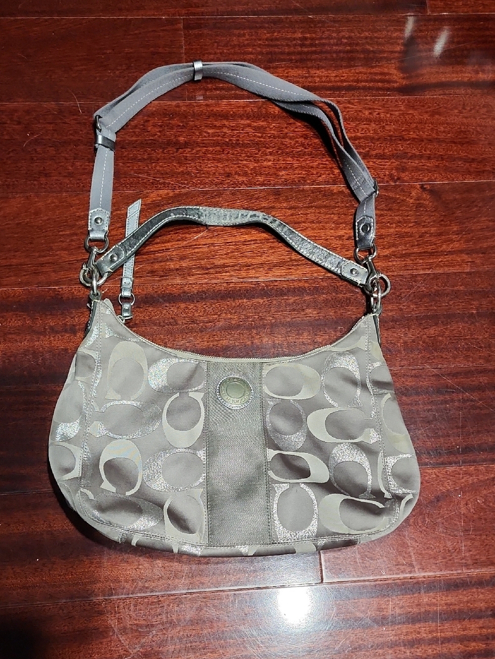 Coach Gray & Metallic Silver Signature Hobo Shoulder / Crossbody Bag